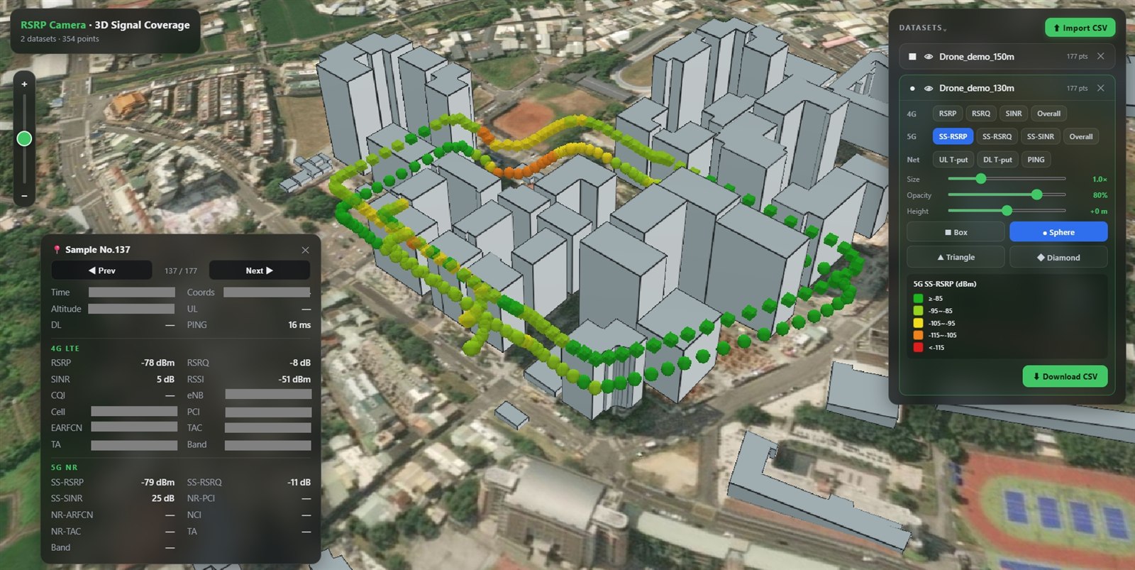 3D drone signal coverage demo — RSRP along the flight path