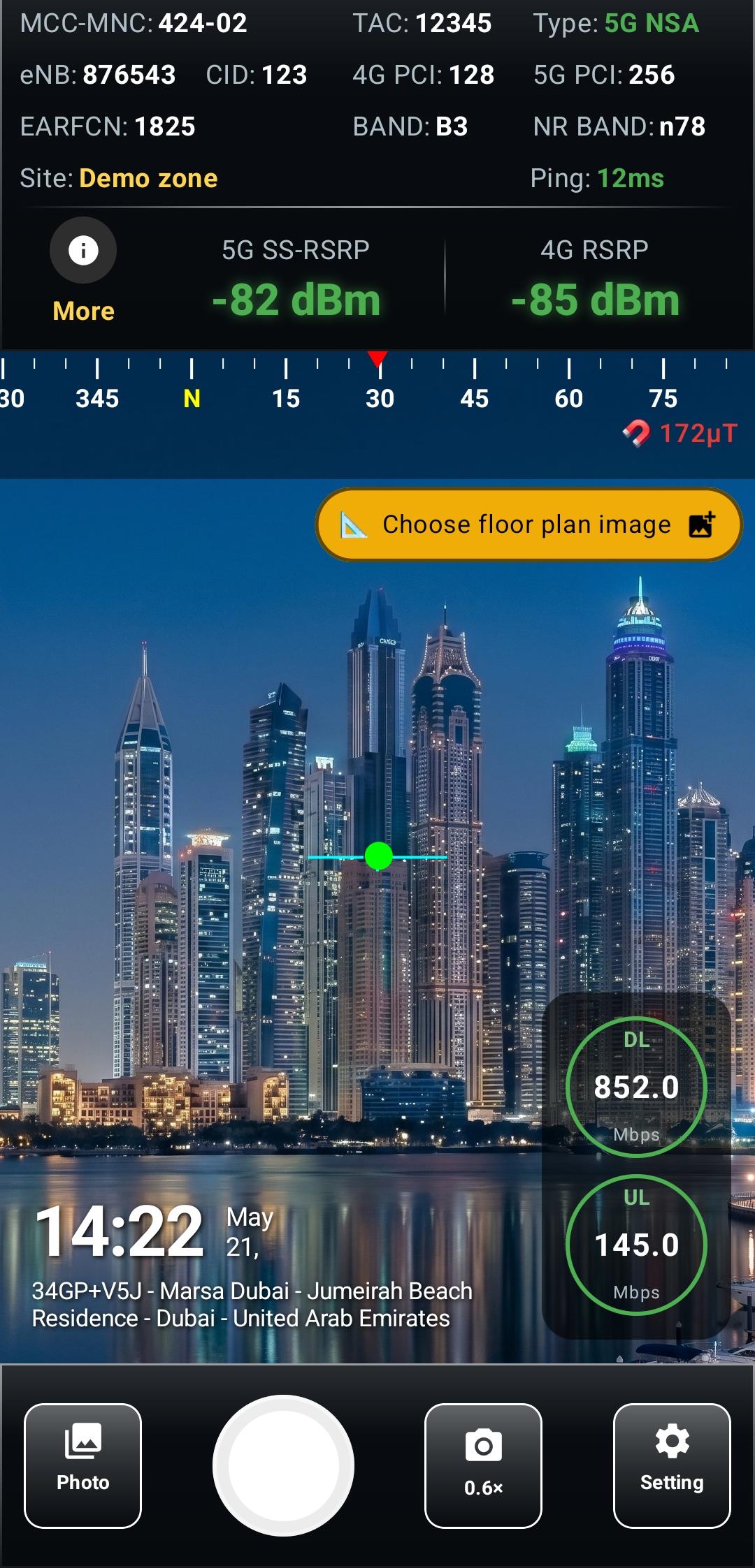 RSRP Camera viewfinder with real-time 4G / 5G signal overlay