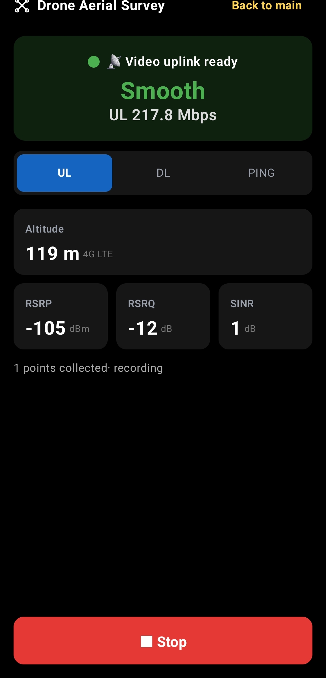 In-app Drone Aerial Survey view during flight: live uplink, altitude and 4G / 5G signal while recording