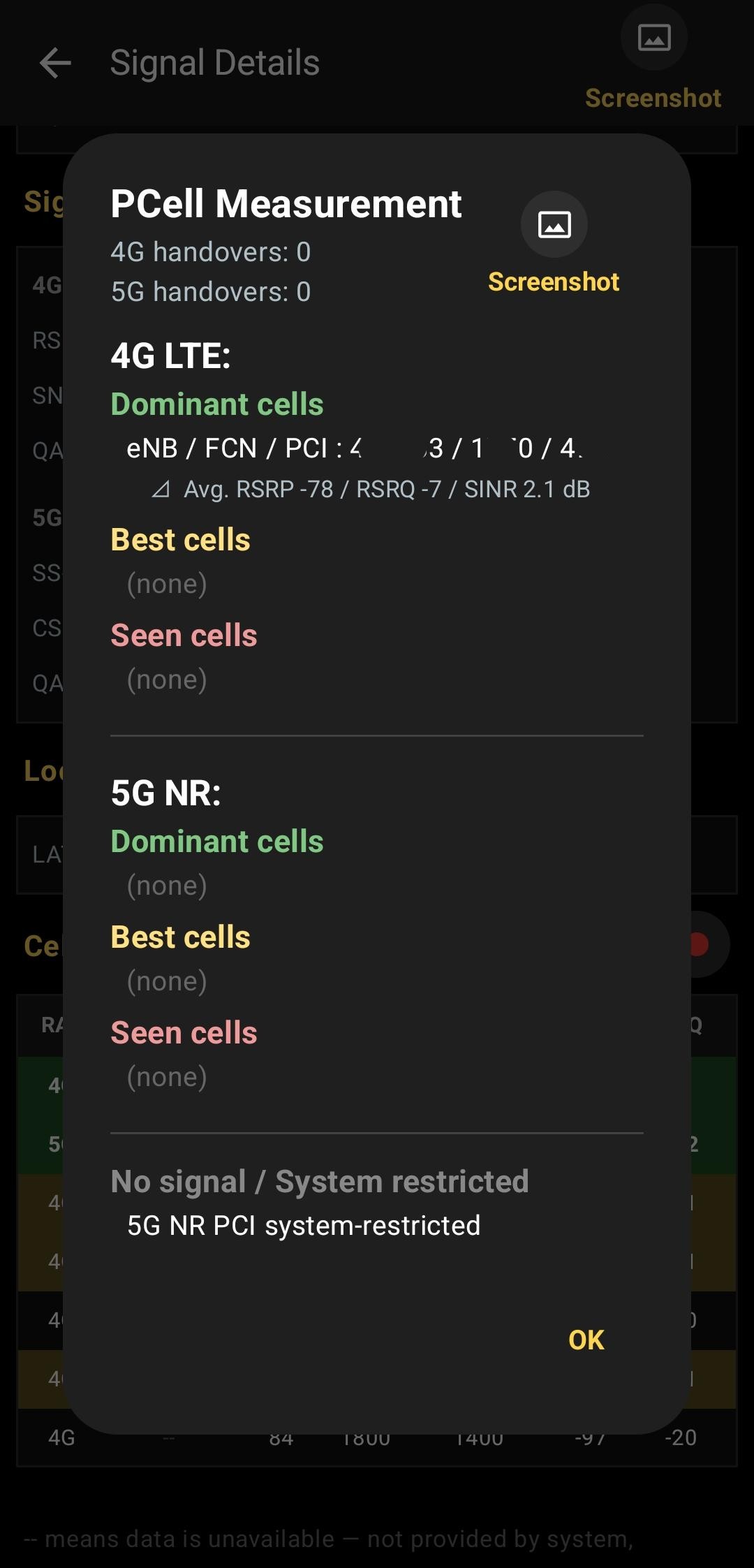 Serving cell measurement detail